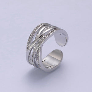 24K Gold Filled Three Layers Micro Pave Cubic Zirconia CZ Adjustable Ring in Gold & Silver, Thick Statement Ring S-350