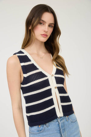 STRIPE V NECK BUTTON FRONT SPLIT HEM KNIT VEST
