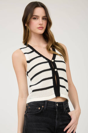 STRIPE V NECK BUTTON FRONT SPLIT HEM KNIT VEST