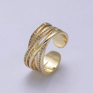 24K Gold Filled Three Layers Micro Pave Cubic Zirconia CZ Adjustable Ring in Gold & Silver, Thick Statement Ring S-350