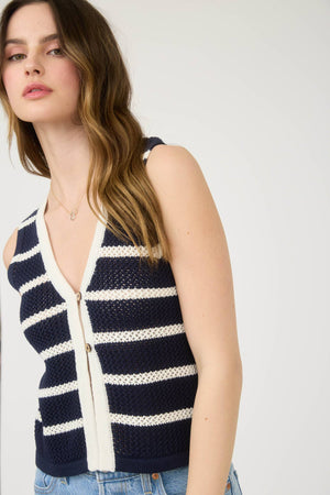 STRIPE V NECK BUTTON FRONT SPLIT HEM KNIT VEST