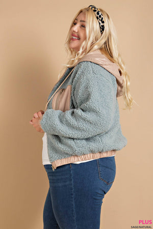 FAUX SHEARLING NYLON HOODED ZIP JACKET