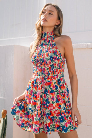 SMOCKY TURTLE HALTER TOP MINI DRESS