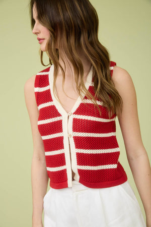 STRIPE V NECK BUTTON FRONT SPLIT HEM KNIT VEST