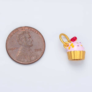 24K Gold Filled Pink Sprinkled Cupcake Enamel Charm | AG922