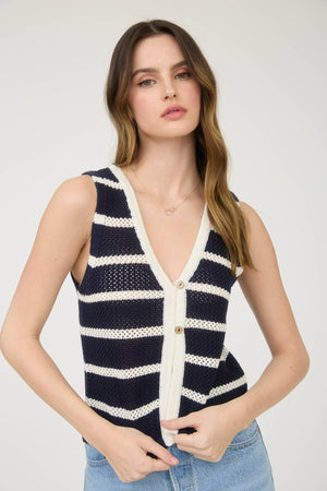 STRIPE V NECK BUTTON FRONT SPLIT HEM KNIT VEST