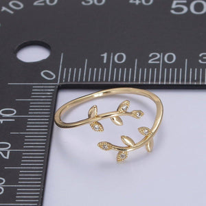 Micro Pave Olive Vine Leaf Adjustable Ring, Crystal Cubic Zirconia CZ Mother Nature Stacking Ring, Minimalist 16K Gold Filled Ring, Gift For Her Plant Mom U-436