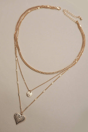 CHECKER ENGRAVED HEART CHARM LAYERED NECKLACE
