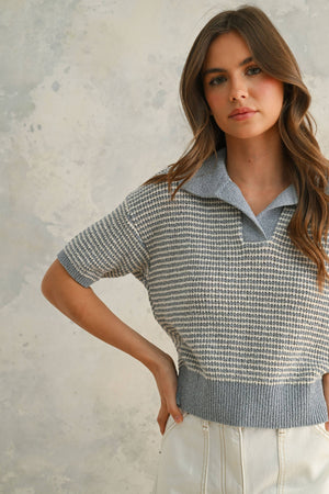 T4519 MULTI COLOR COLLARED KNITTED TOP