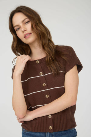 STRIPE BUTTON DOWN SHORT SLEEVE KNIT CARDIGAN