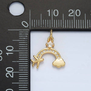 24K Gold Filled Mini Airplane Rainbow Cloud Star CZ Micro Paved Charm | AG854
