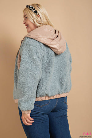 FAUX SHEARLING NYLON HOODED ZIP JACKET