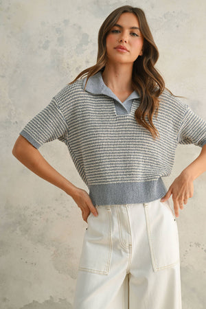 T4519 MULTI COLOR COLLARED KNITTED TOP