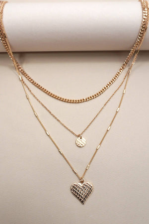 CHECKER ENGRAVED HEART CHARM LAYERED NECKLACE