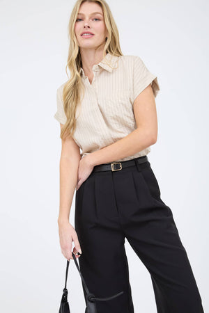 PINSTRIPE SHORT SLEEVE COLLARED SHIRT