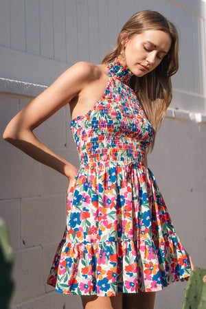 SMOCKY TURTLE HALTER TOP MINI DRESS