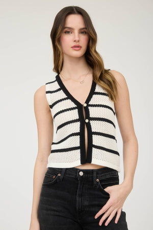 STRIPE V NECK BUTTON FRONT SPLIT HEM KNIT VEST