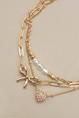 CHARM BRACELET-MULTI LAYER BOW PERAL HEART CHARMS | 80B1317