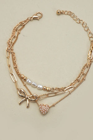CHARM BRACELET-MULTI LAYER BOW PERAL HEART CHARMS | 80B1317