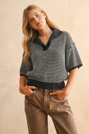 T4519 MULTI COLOR COLLARED KNITTED TOP