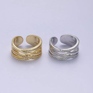 24K Gold Filled Three Layers Micro Pave Cubic Zirconia CZ Adjustable Ring in Gold & Silver, Thick Statement Ring S-350