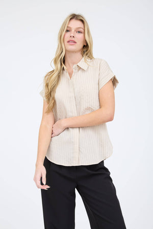PINSTRIPE SHORT SLEEVE COLLARED SHIRT