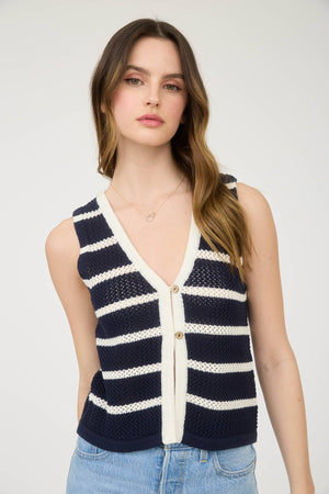STRIPE V NECK BUTTON FRONT SPLIT HEM KNIT VEST
