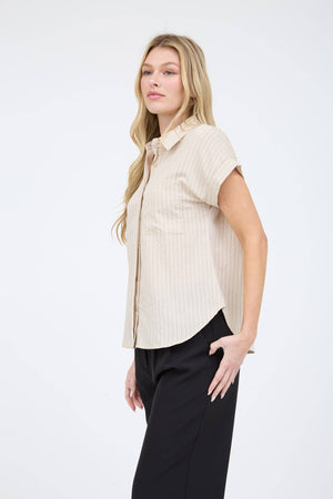 PINSTRIPE SHORT SLEEVE COLLARED SHIRT