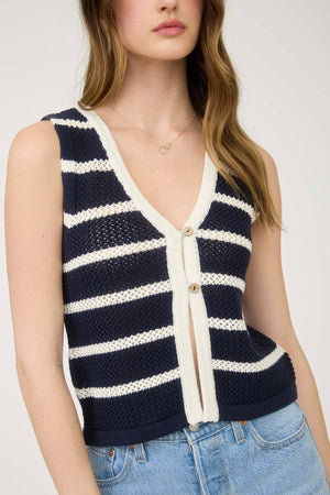 STRIPE V NECK BUTTON FRONT SPLIT HEM KNIT VEST
