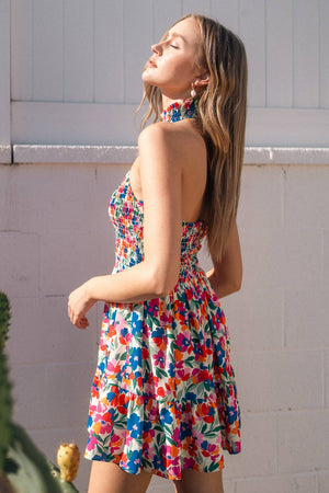 SMOCKY TURTLE HALTER TOP MINI DRESS