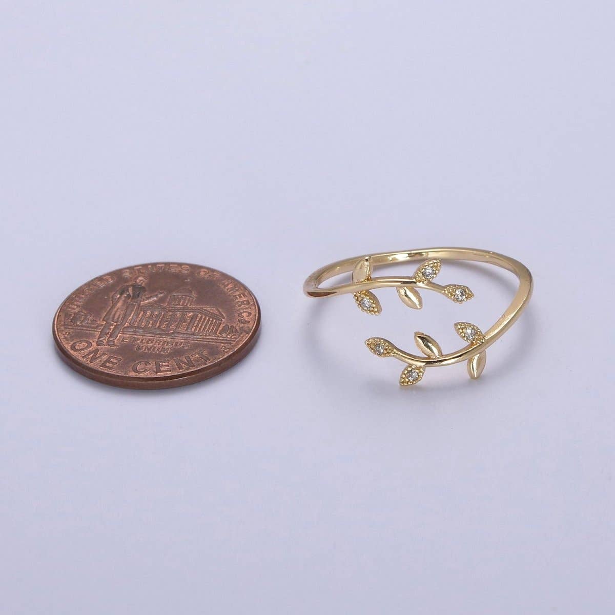 Micro Pave Olive Vine Leaf Adjustable Ring, Crystal Cubic Zirconia CZ Mother Nature Stacking Ring, Minimalist 16K Gold Filled Ring, Gift For Her Plant Mom U-436