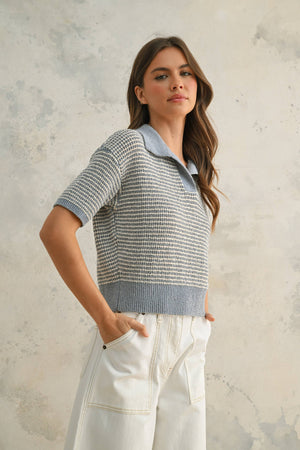 T4519   MULTI COLOR COLLARED KNITTED TOP