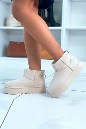 Cream Ultra Mini Platform Women Faux Fur Slip-On Ankle Boots