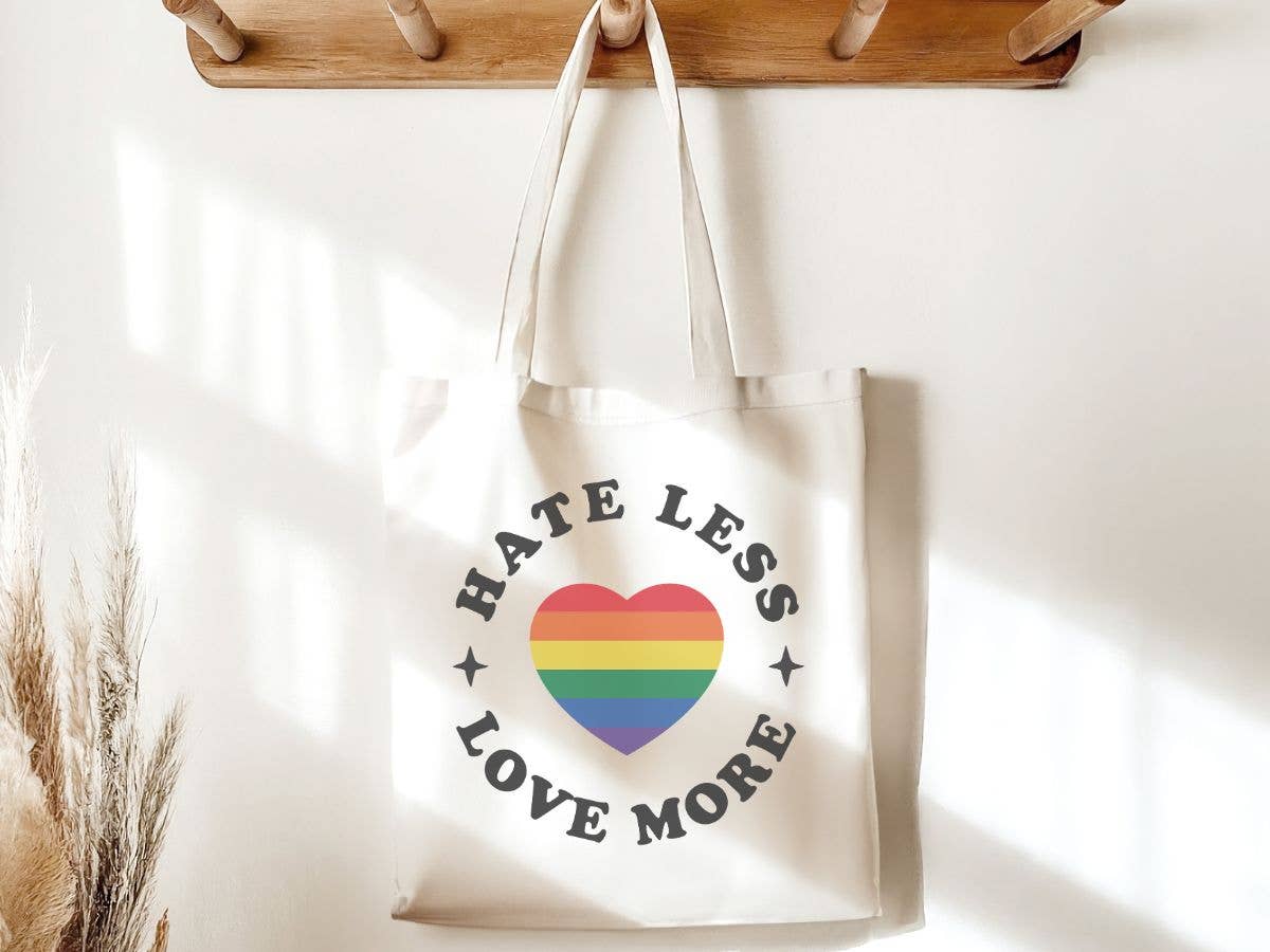 Hate Less Love More Rainbow Pride LGBTQ Canvas Tote Bag
