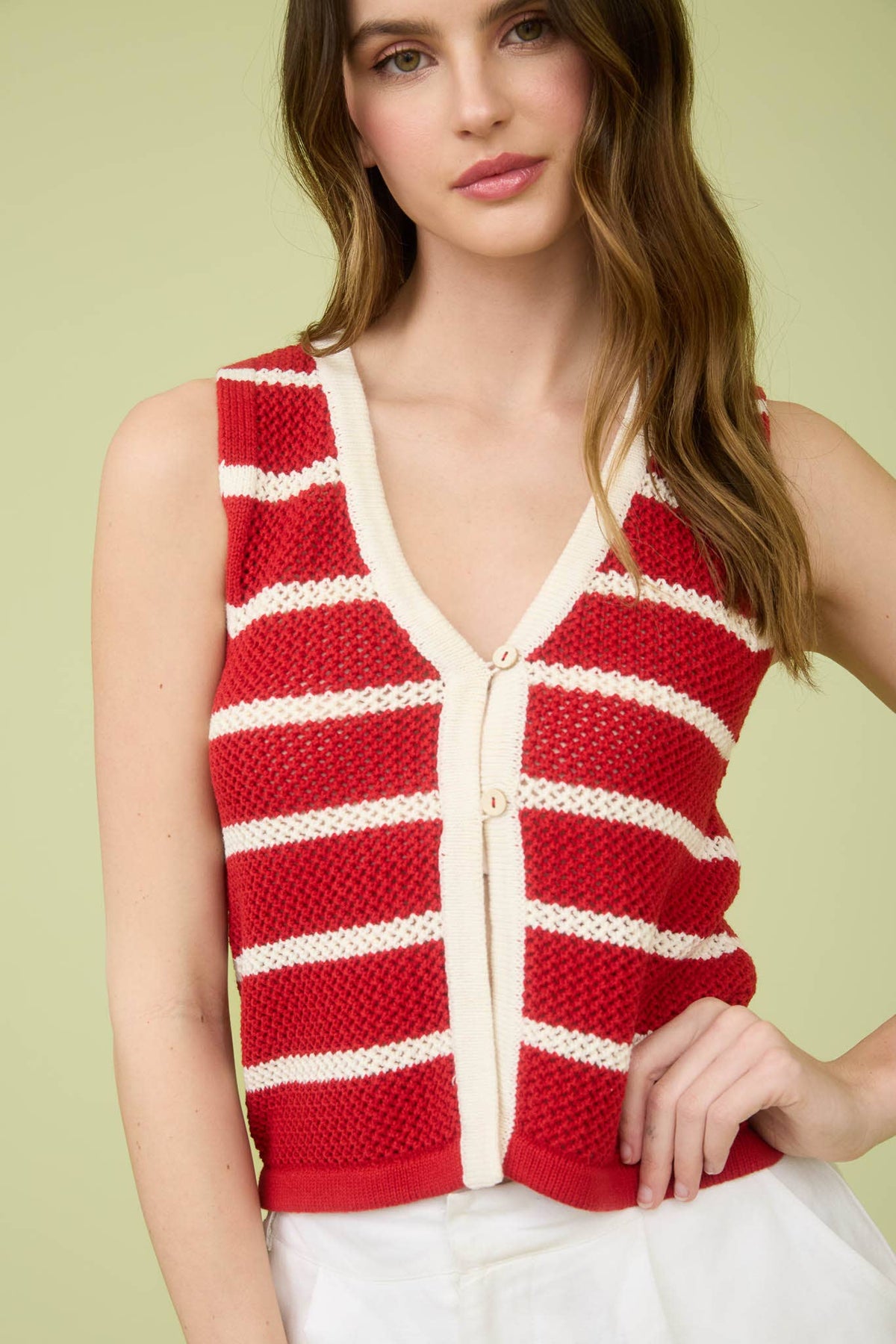 STRIPE V NECK BUTTON FRONT SPLIT HEM KNIT VEST