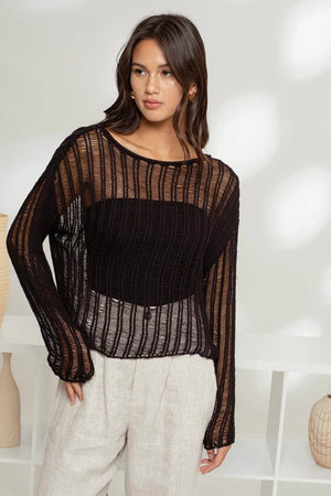 SHEER CROCHET LADDER KNIT PULLOVER SWEATER: BLACK