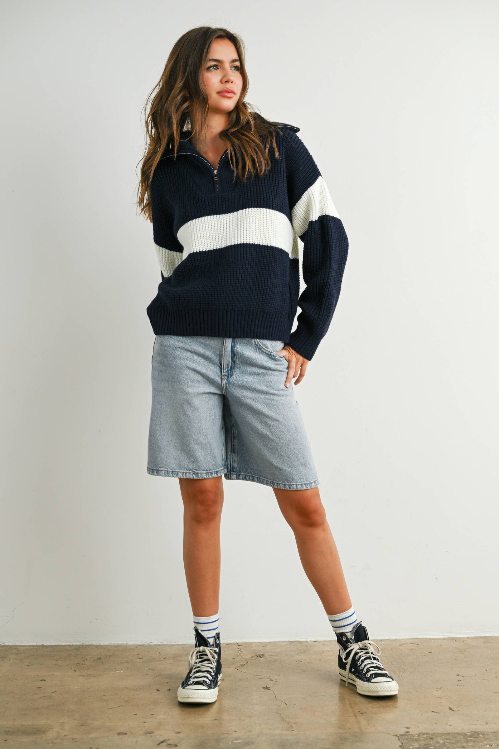 Neck Zip Long Sleeve Top