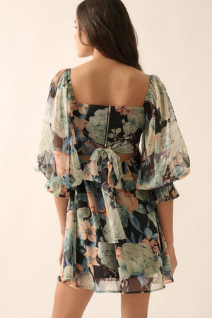 Floral Mesh Sweetheart Neck Chiffon Babydoll Dress