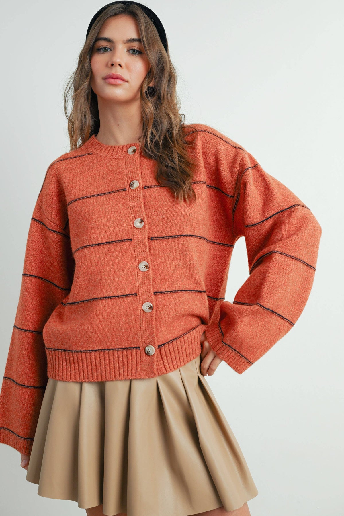 Button Front Striped Cardigan