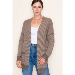 Color Waffle Textured Raw Edge Seam Open Front Cardigan