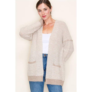 Color Waffle Textured Raw Edge Seam Open Front Cardigan