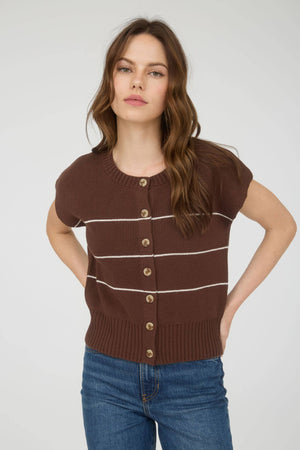 STRIPE BUTTON DOWN SHORT SLEEVE KNIT CARDIGAN