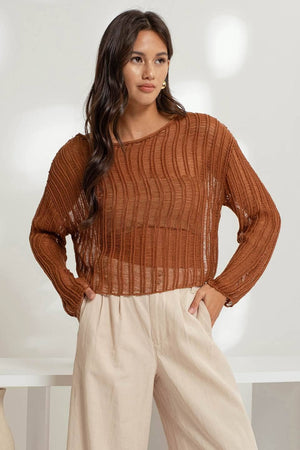 SHEER CROCHET LADDER KNIT PULLOVER SWEATER