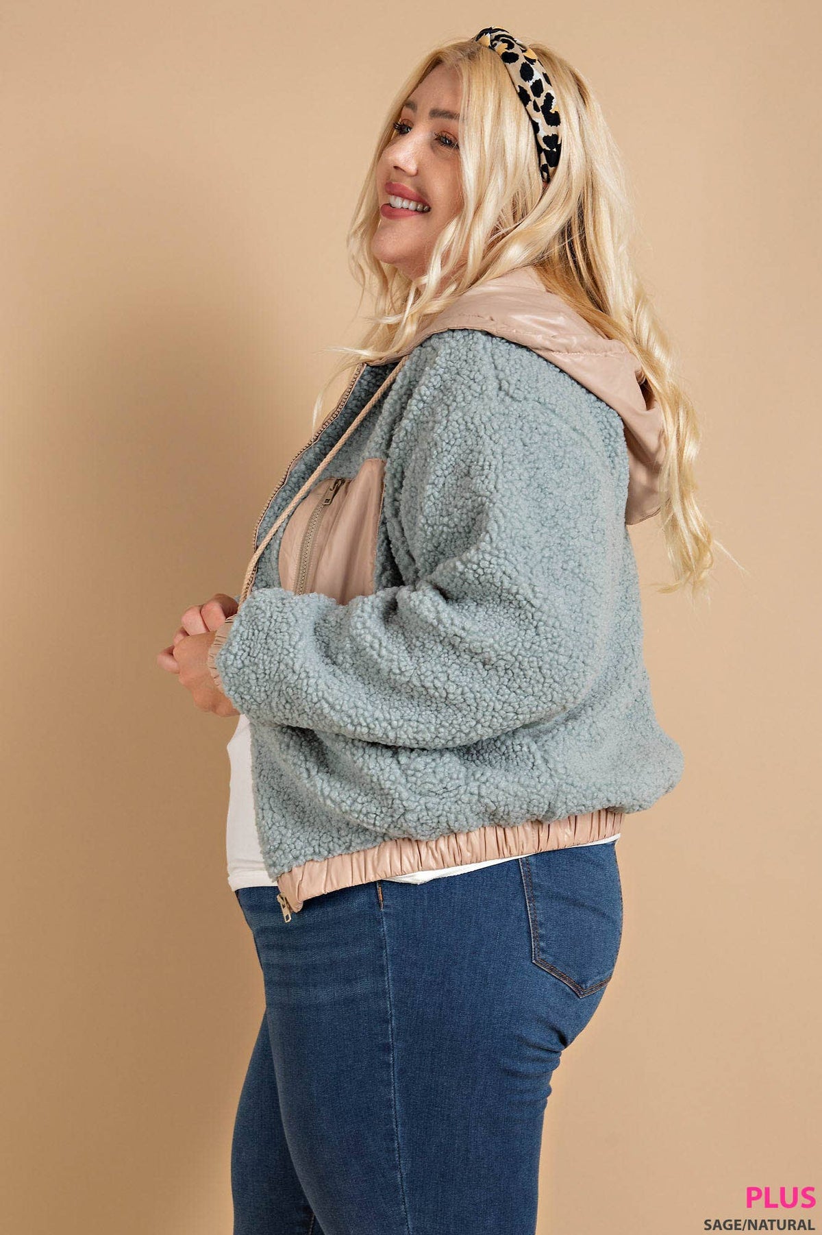 FAUX SHEARLING NYLON HOODED ZIP JACKET