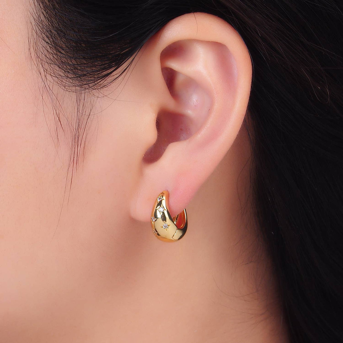 Minimalist Dome Gold Hoop Clear CZ Huggie Star Earring