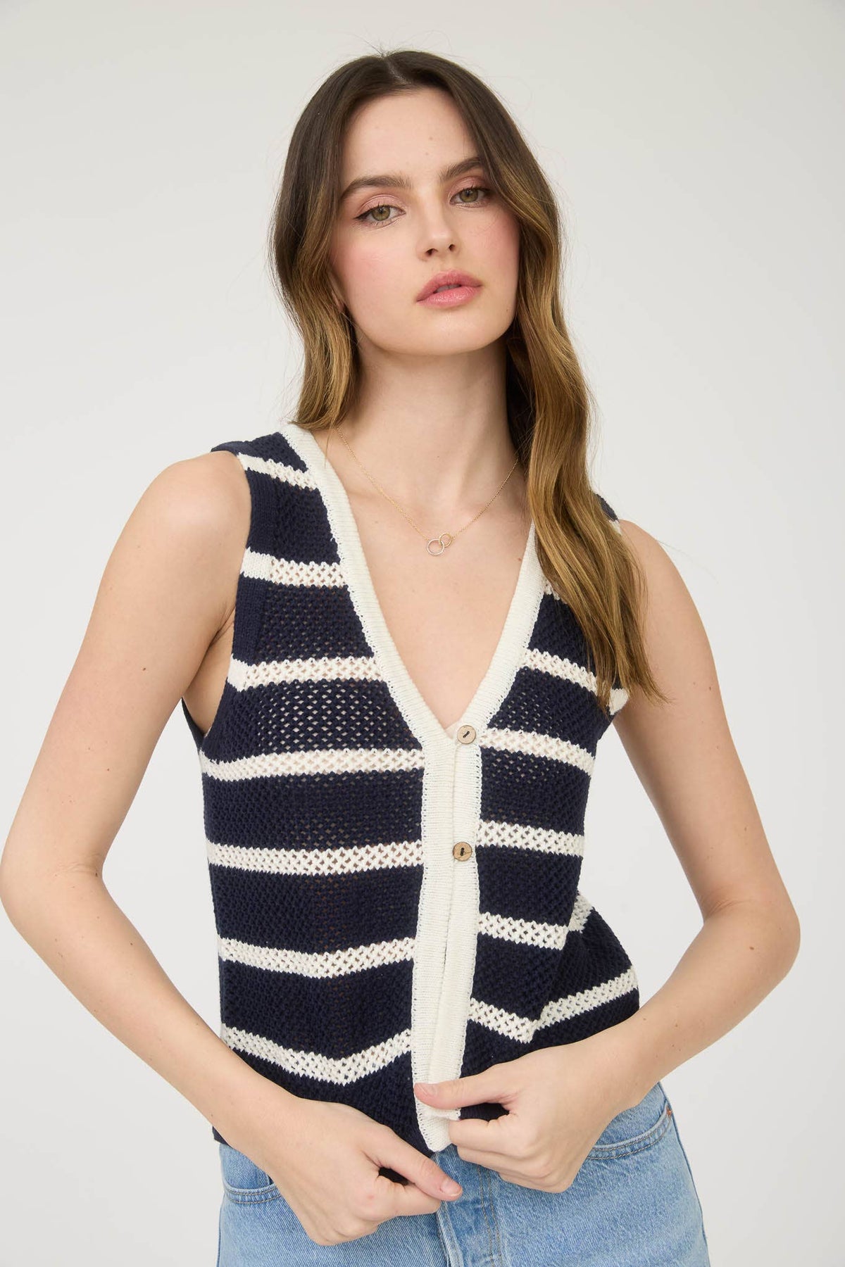 STRIPE V NECK BUTTON FRONT SPLIT HEM KNIT VEST