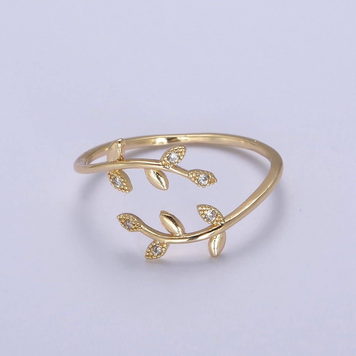 Micro Pave Olive Vine Leaf Adjustable Ring, Crystal Cubic Zirconia CZ Mother Nature Stacking Ring, Minimalist 16K Gold Filled Ring, Gift For Her Plant Mom U-436