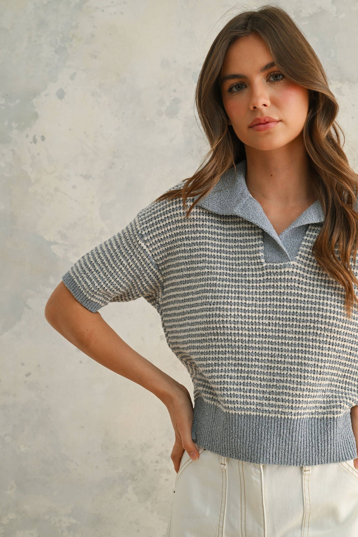 T4519   MULTI COLOR COLLARED KNITTED TOP