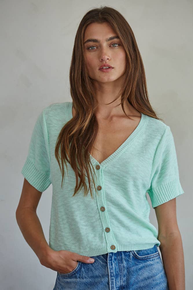 W1878 | Knit Sweater Cotton Buttondown Short Sleeve Cardigan