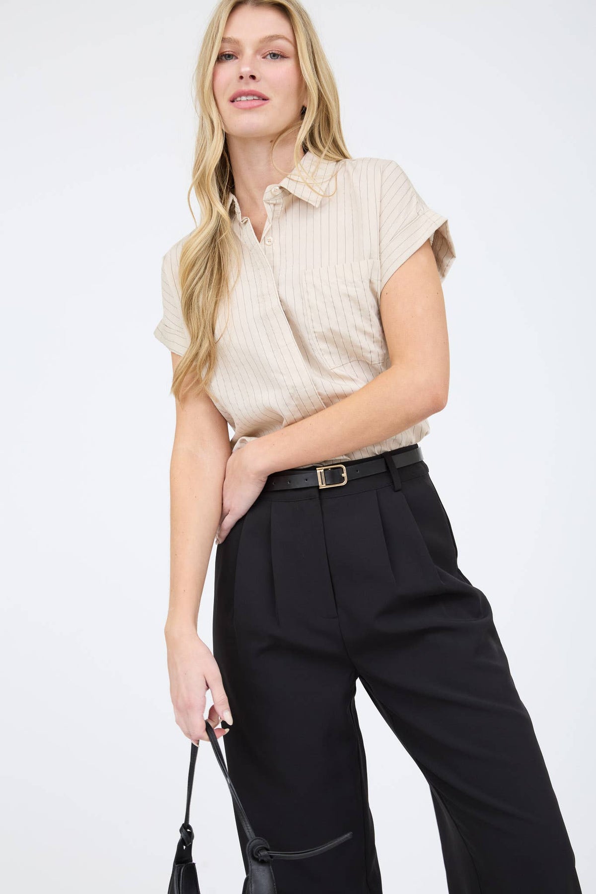 PINSTRIPE SHORT SLEEVE COLLARED SHIRT